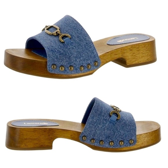 Larroude Zuzi Slip On Studded Embellished Platform Denim Sandals Clogs Size 8 - Picture 4 of 7